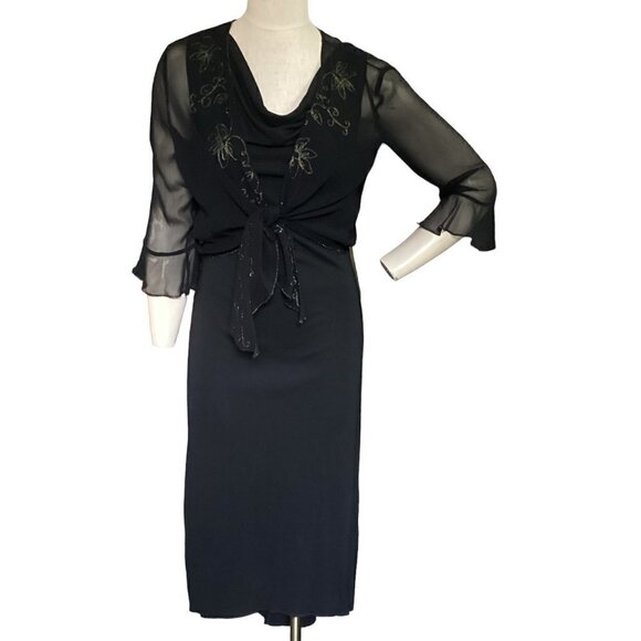 Robbie Bee Silk Sheer Shrug Sz 6 & French Curve Sz M Midi Dress Black #42N - Picture 1 of 13